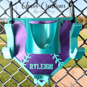 Custom 3D printed baseball dugout organizer with personalized team colors and player name plate for fence hanging storage