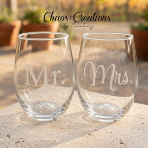 Close-up of etched wine glass with custom engraving