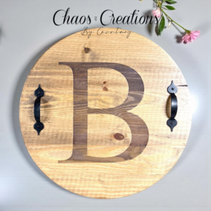 Custom engraved wood serving tray with black metal handles