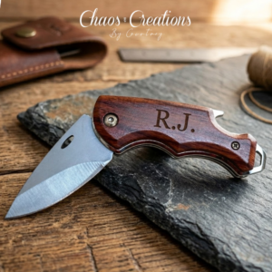 Engraved pocket knife with wood handle and custom text in Times New Roman font
