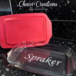 Etched 9x13 glass casserole dish with airtight lid personalized with custom engraving