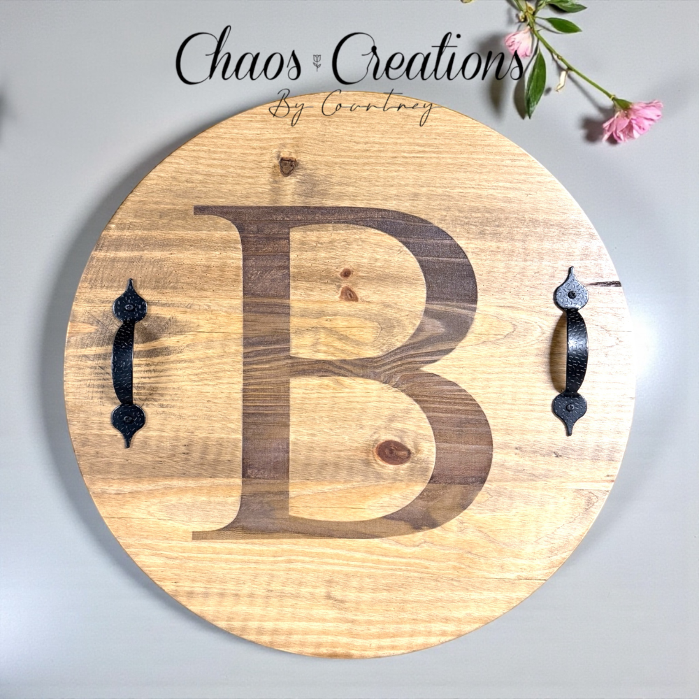 custom engraved serving board with letter B monogram personalized wooden board