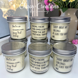 Set of sarcastic Mother’s Day candles with funny sayings made from soy blend wax in clean linen scent