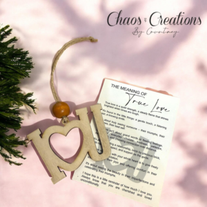 Laser cut wooden I love you ornament with heart detail and story card