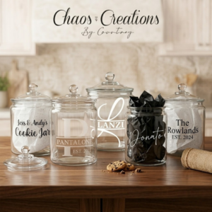Personalized glass cookie jars with etched and vinyl design options