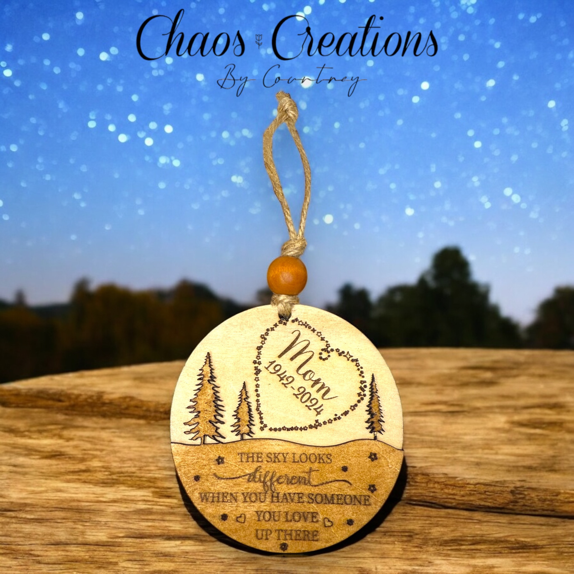 Personalized memorial ornament laser cut and designed to honor the memory of loved ones during the holiday season.