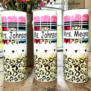 Personalized 20oz teacher tumbler featuring custom teacher-themed designs and personalization, perfect for coffee, water, and everyday classroom use.