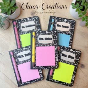 Composition style sticky note holder with personalized engraved pen for teachers and desk organization