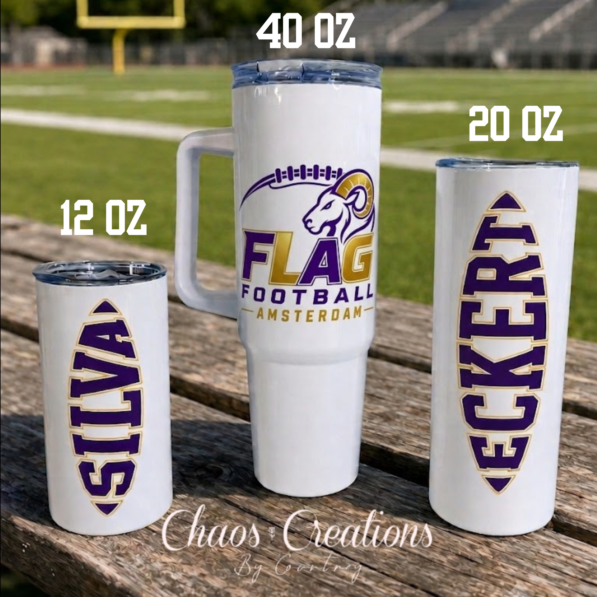 Amsterdam Flag Football tumblers in three sizes with purple and gold designs