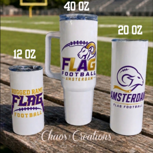 Amsterdam Flag Football tumblers in three sizes with purple and gold designs