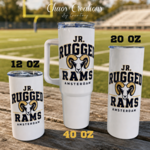 JR Rugged Rams custom tumblers in 20 oz, 30 oz and 40 oz styles displayed beside a football field