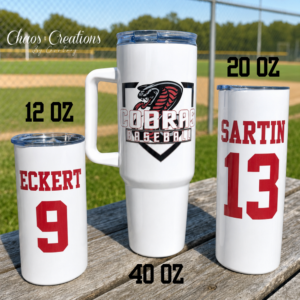 Town of Florida Cobras custom tumblers in 12 oz., 20 oz., and 40 oz. styles with optional player-name personalization