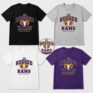 JR Rugged Rams team T-shirts in black, sport grey, white and purple.