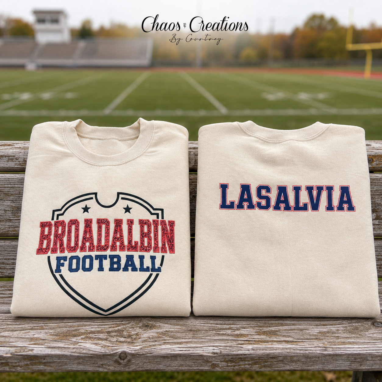 Tan Broadalbin Football crewneck shown front and back with red and navy shield design and LASALVIA personalization