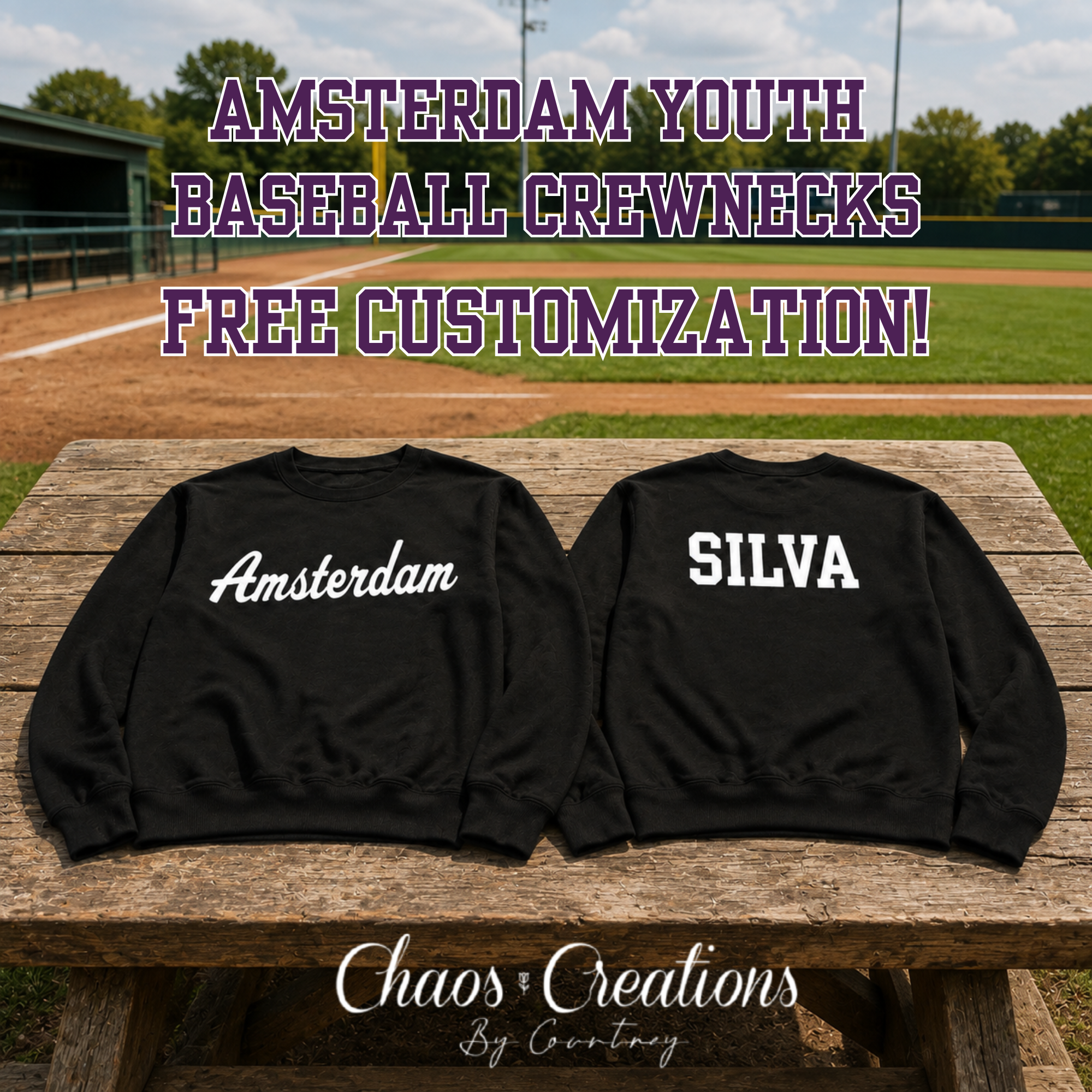 Amsterdam Youth Baseball black and sport grey crewnecks with front and back designs and free custom name option
