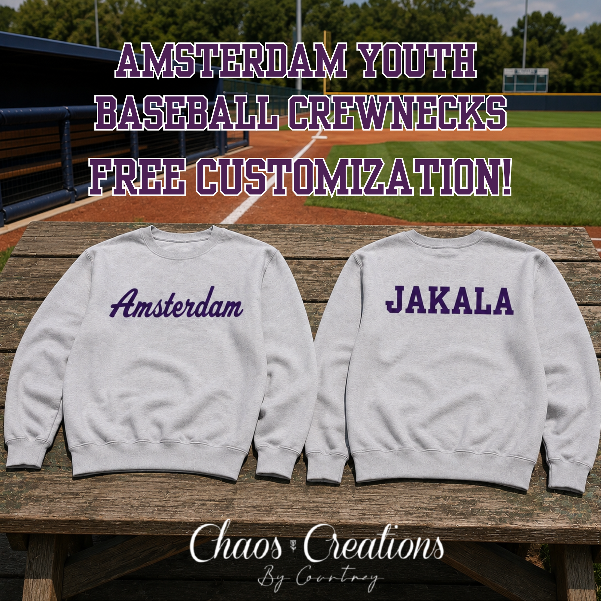 Amsterdam Youth Baseball black and sport grey crewnecks with front and back designs and free custom name option