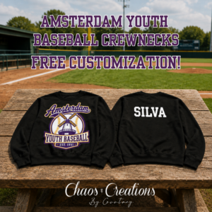 Amsterdam Youth Baseball black and sport grey crewnecks with front and back designs and free custom name option