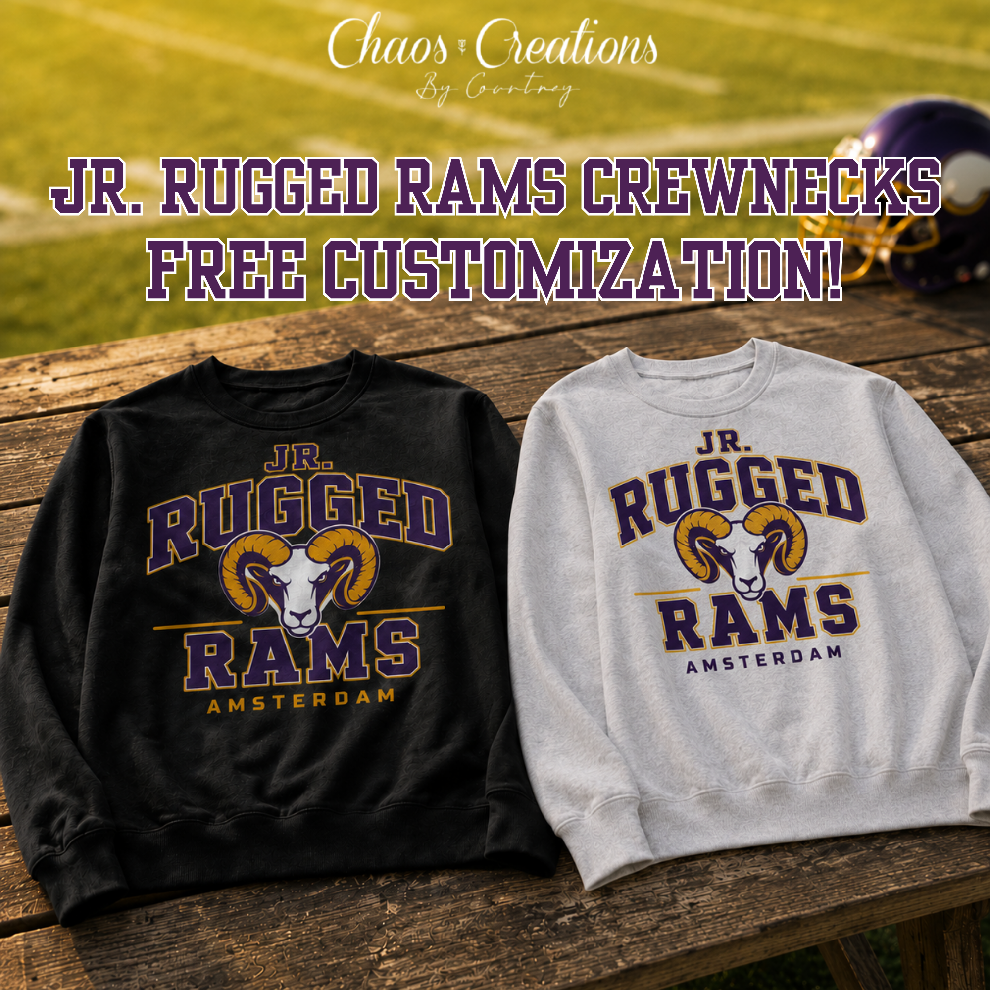 Black and sport grey JR Rugged Rams crewnecks with official Rams front design on a football field picnic table.