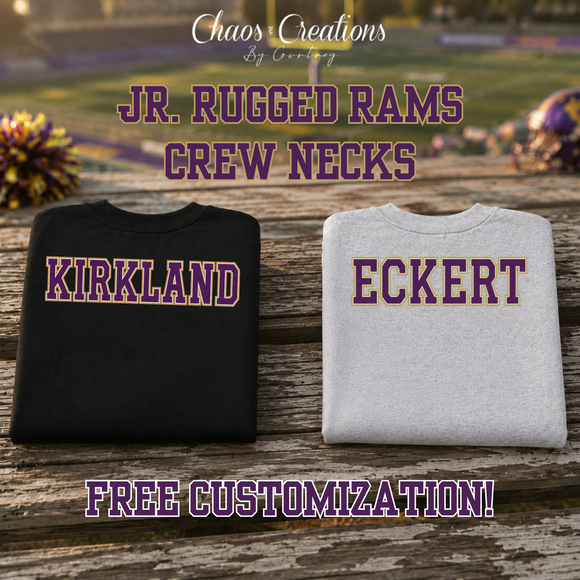 Black and sport grey JR Rugged Rams crewnecks showing personalized names across the upper back.