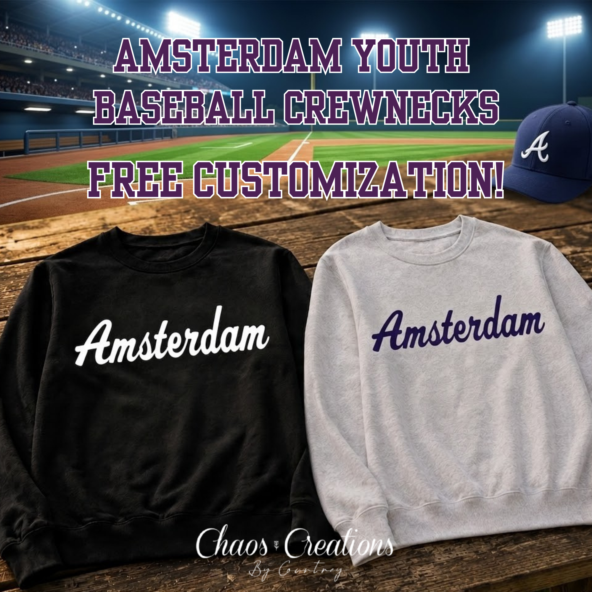 Black and Sport Grey Amsterdam Youth Baseball crewneck sweatshirts with purple and white Amsterdam script front designs.