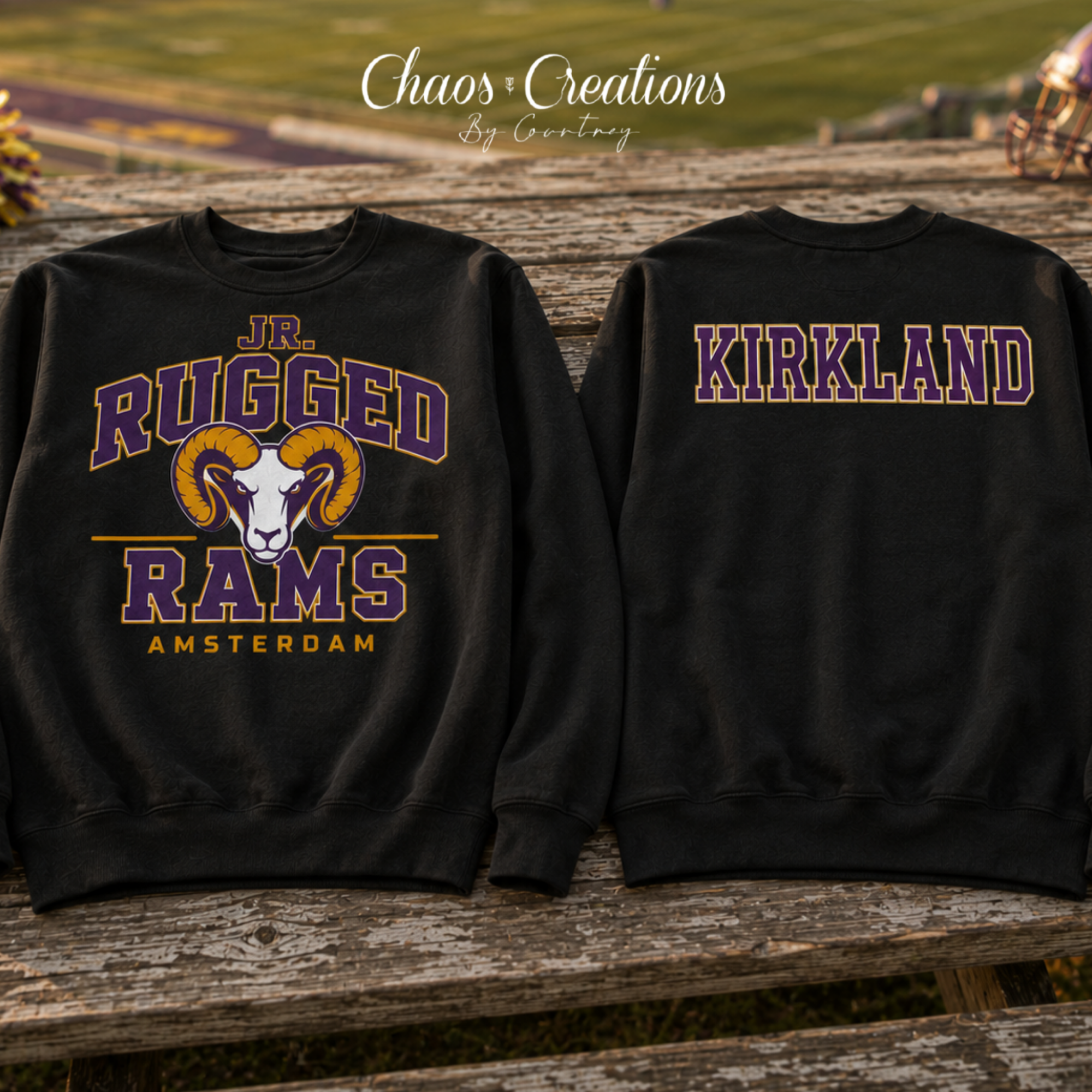 Black JR Rugged Rams crewneck with official front design and KIRKLAND personalized upper-back name.