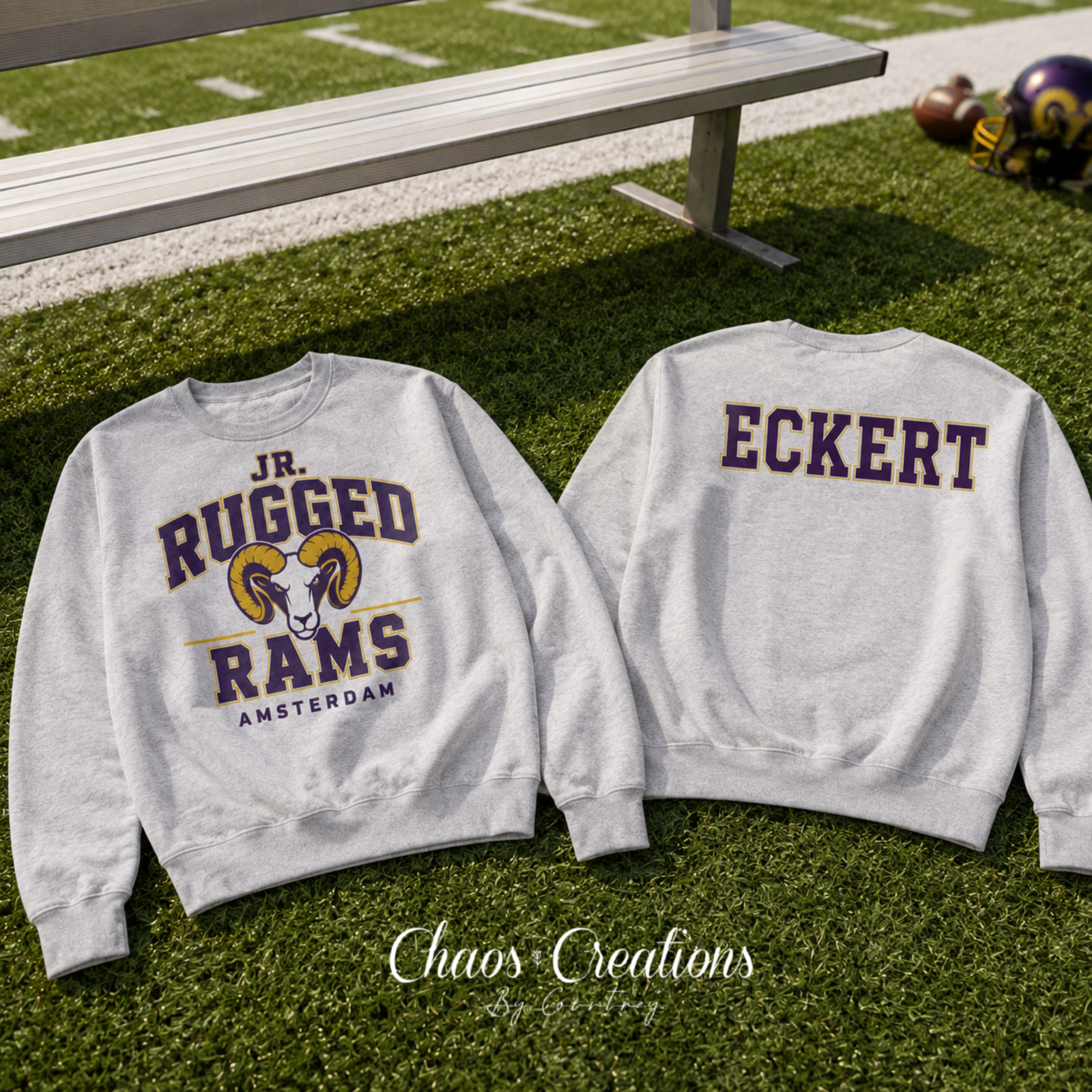 Sport grey JR Rugged Rams crewneck with official front design and ECKERT personalized upper-back name.