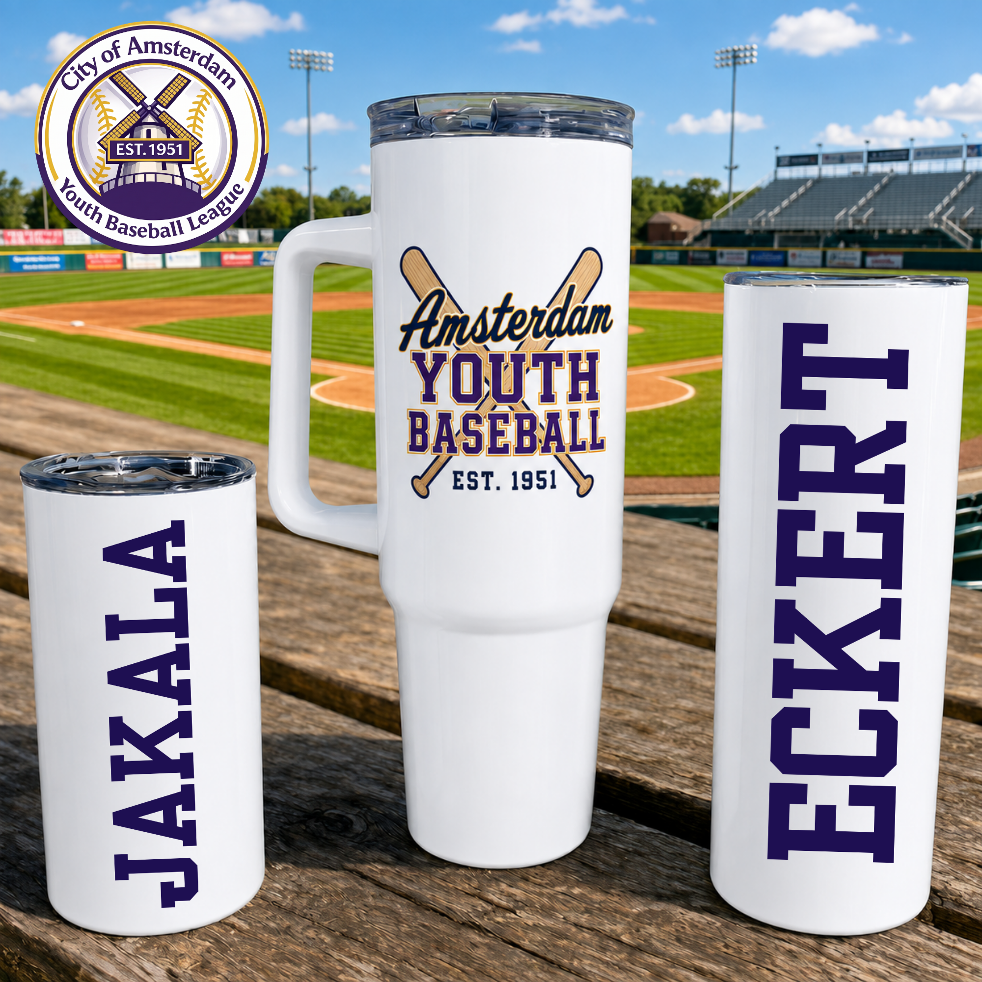 Amsterdam Youth Baseball tumblers in 12 oz, 20 oz and 40 oz sizes with purple and gold designs.
