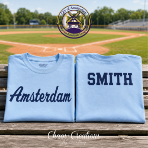 Light blue Amsterdam Youth Baseball T-shirt mockup with Amsterdam front design and custom Smith jersey name on back