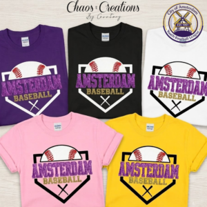 Amsterdam Youth Baseball faux glitter baseball T-shirt design shown on purple, black, white, pink, and yellow shirts