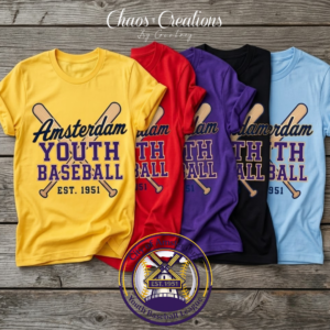 Amsterdam Youth Baseball personalized T-shirt mockup with team logo and custom last name option.