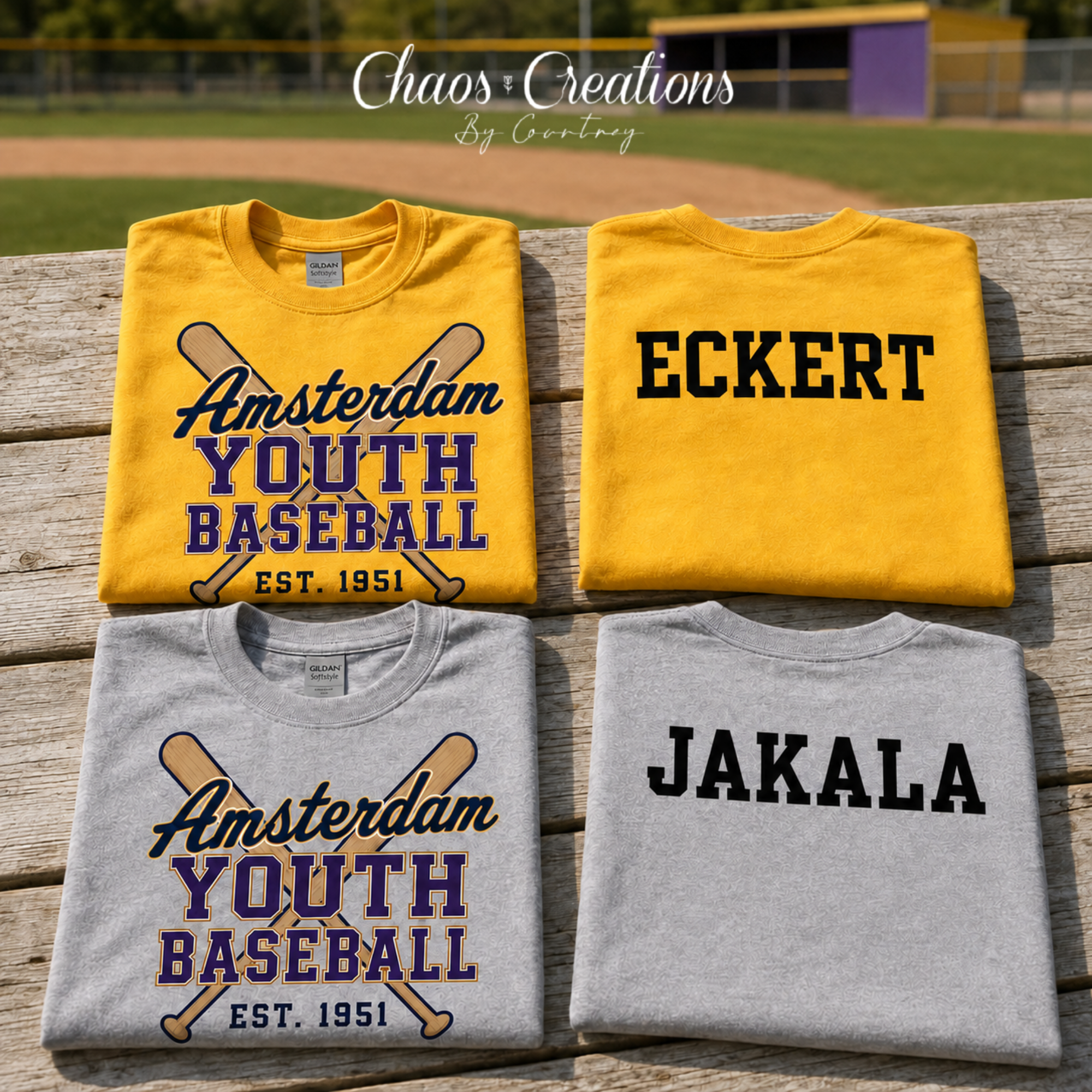 Amsterdam Youth Baseball personalized T-shirt mockup with team logo and custom last name option.