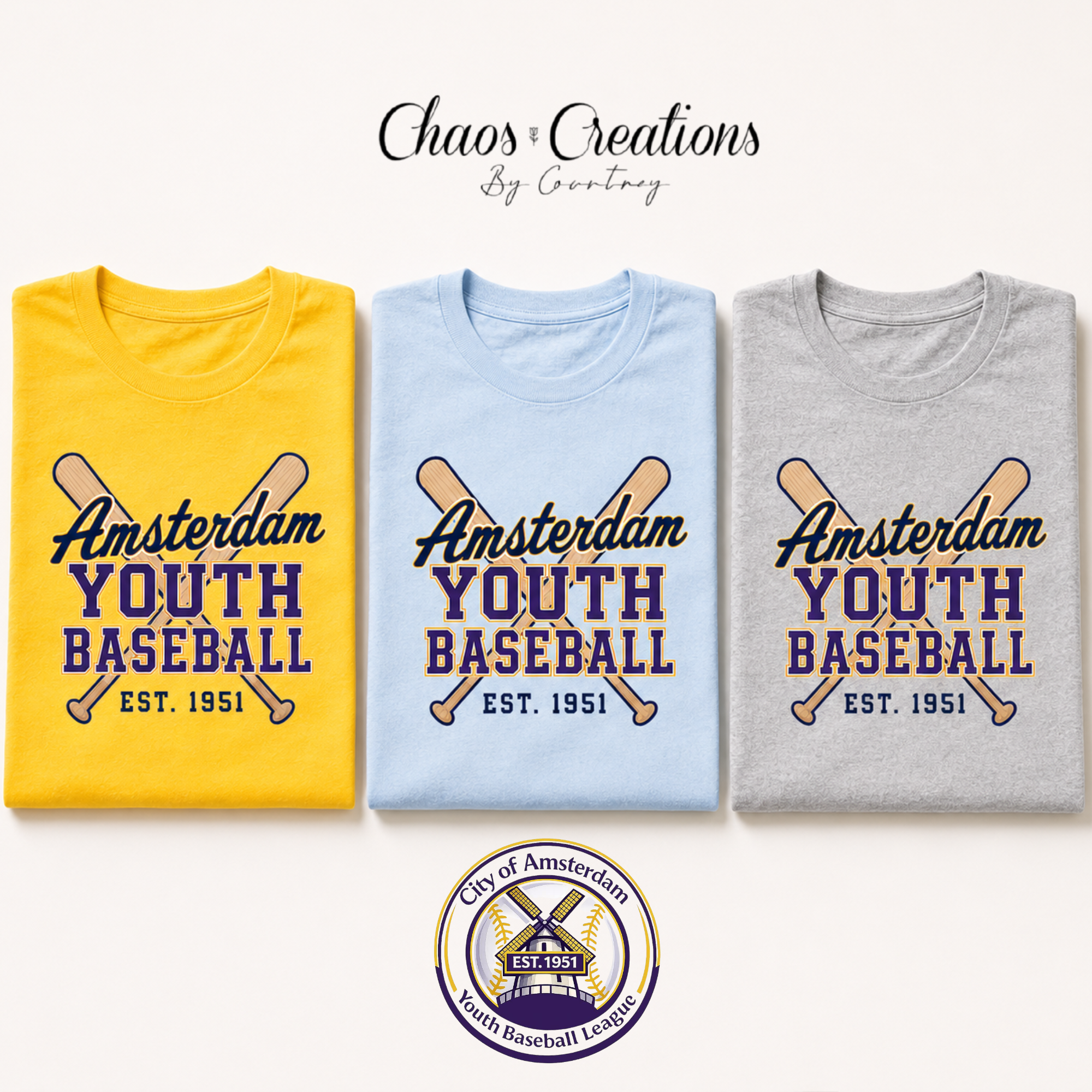 Amsterdam Youth Baseball personalized T-shirt mockup with team logo and custom last name option.