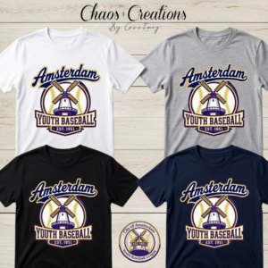 Amsterdam Youth Baseball windmill T-shirt mockup with custom ECKERT last name on the back.