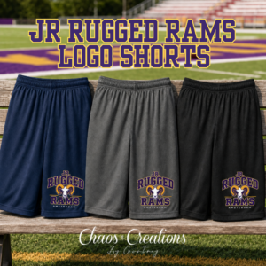 JR Rugged Rams athletic shorts in navy, charcoal, and black with the Rams logo printed on the lower right leg.