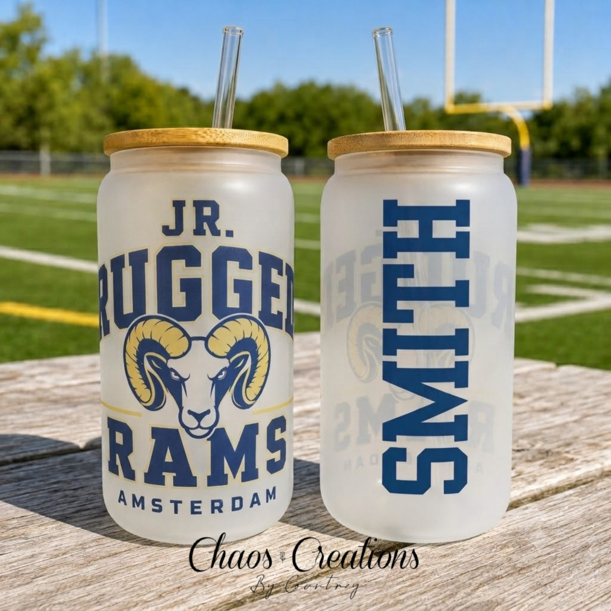 Rugged Rams 16oz Libbey glass can cup with purple and gold football logo and optional personalized back
