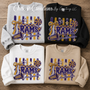 Amsterdam Retro Cheer purple and gold crewneck sweatshirts