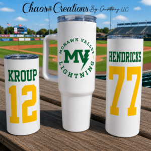 Mohawk Valley Lightning custom baseball tumbler in green and yellow