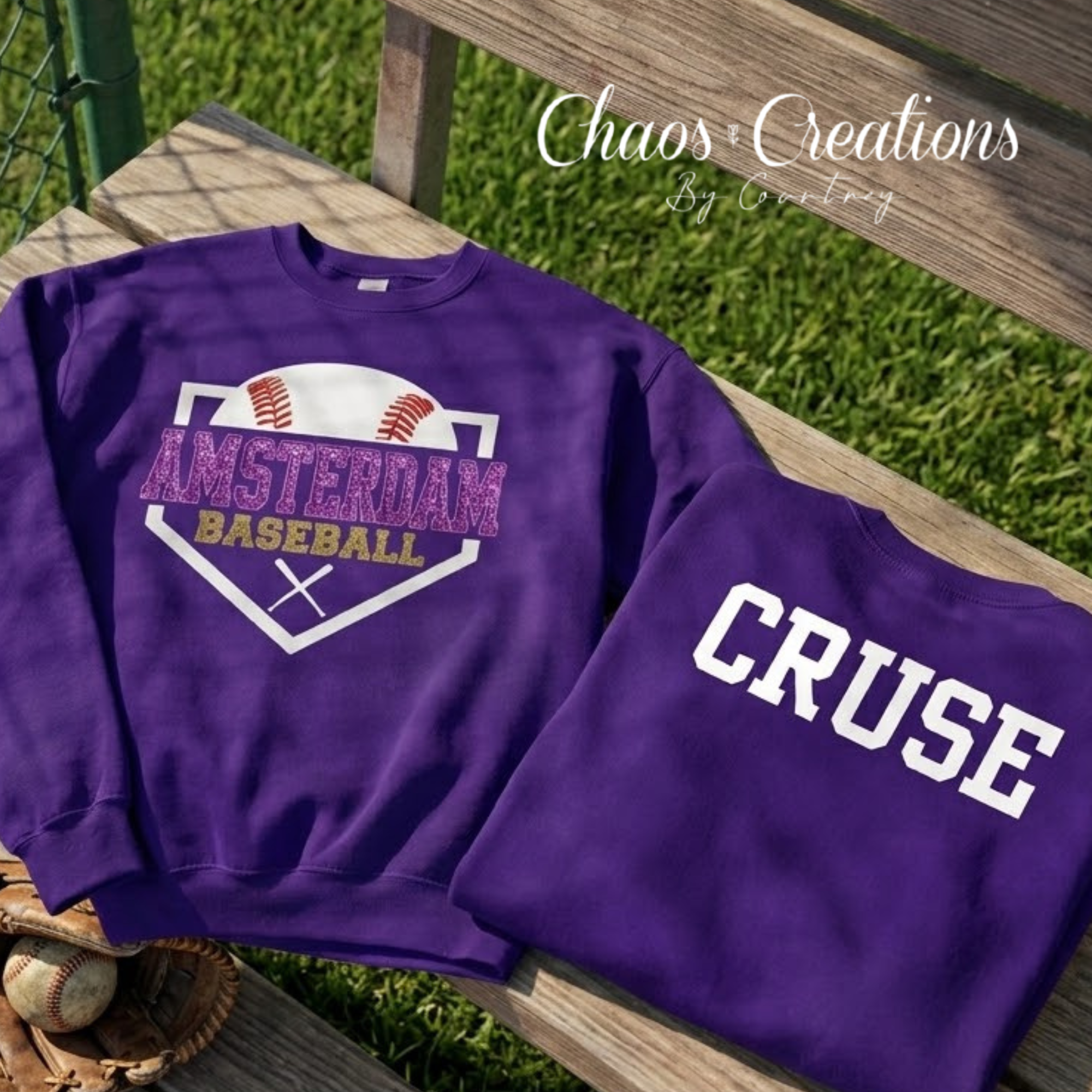 Purple Amsterdam Baseball crewneck with faux glitter and stitched-look front design and customizable back