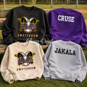 Amsterdam Rams Travel crewnecks in black, cream, purple, and sport grey showing logo fronts and free custom-name backs