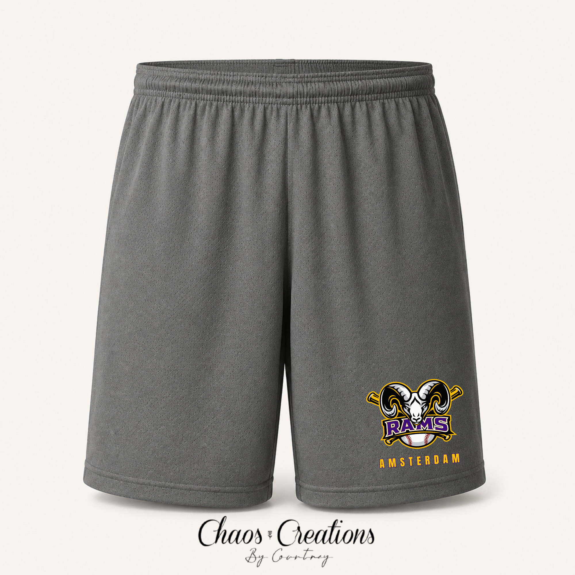 Charcoal Amsterdam Rams Travel Sport-Tek Dri-FIT shorts with official Rams baseball logo