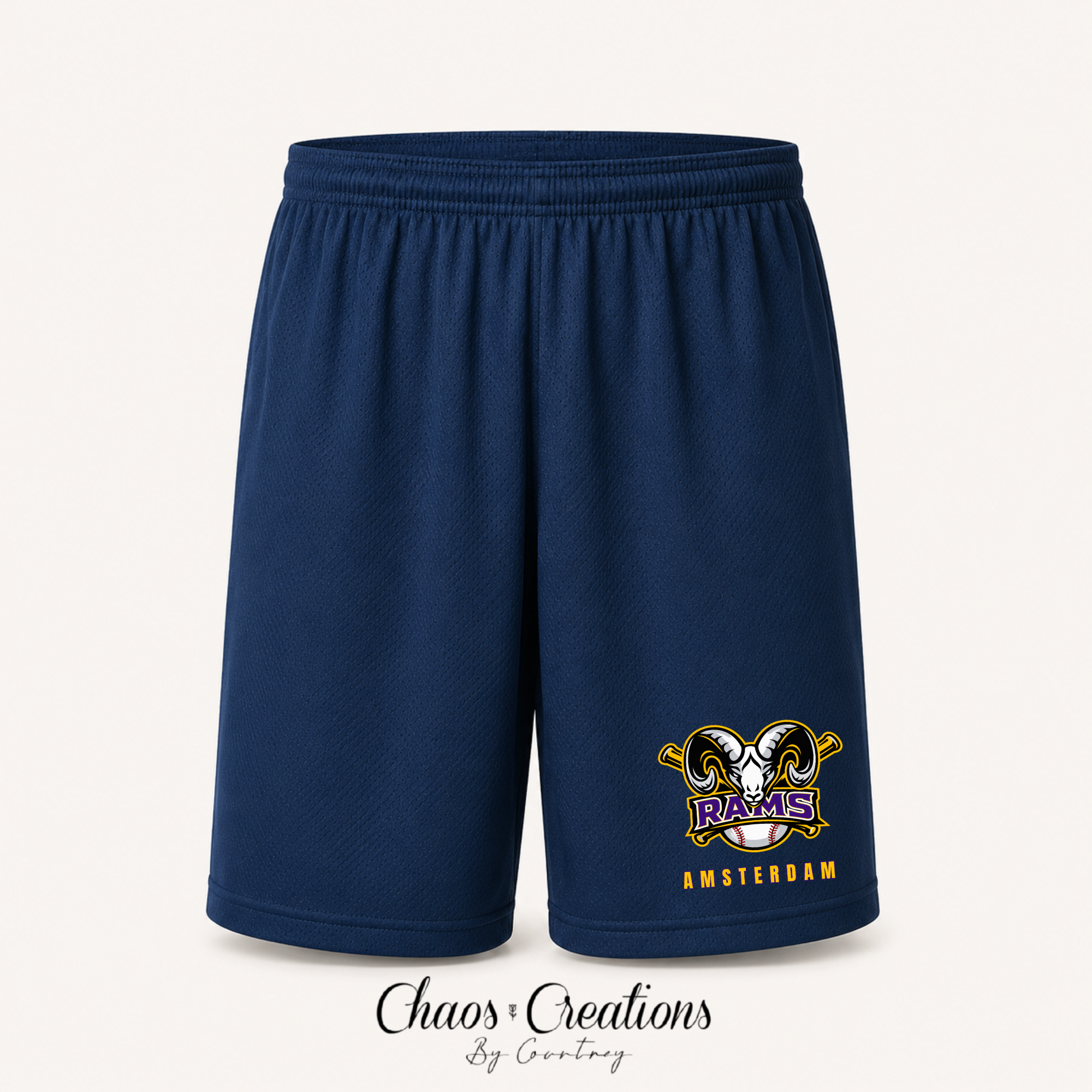 Navy Amsterdam Rams Travel Sport-Tek Dri-FIT shorts with official Rams baseball logo