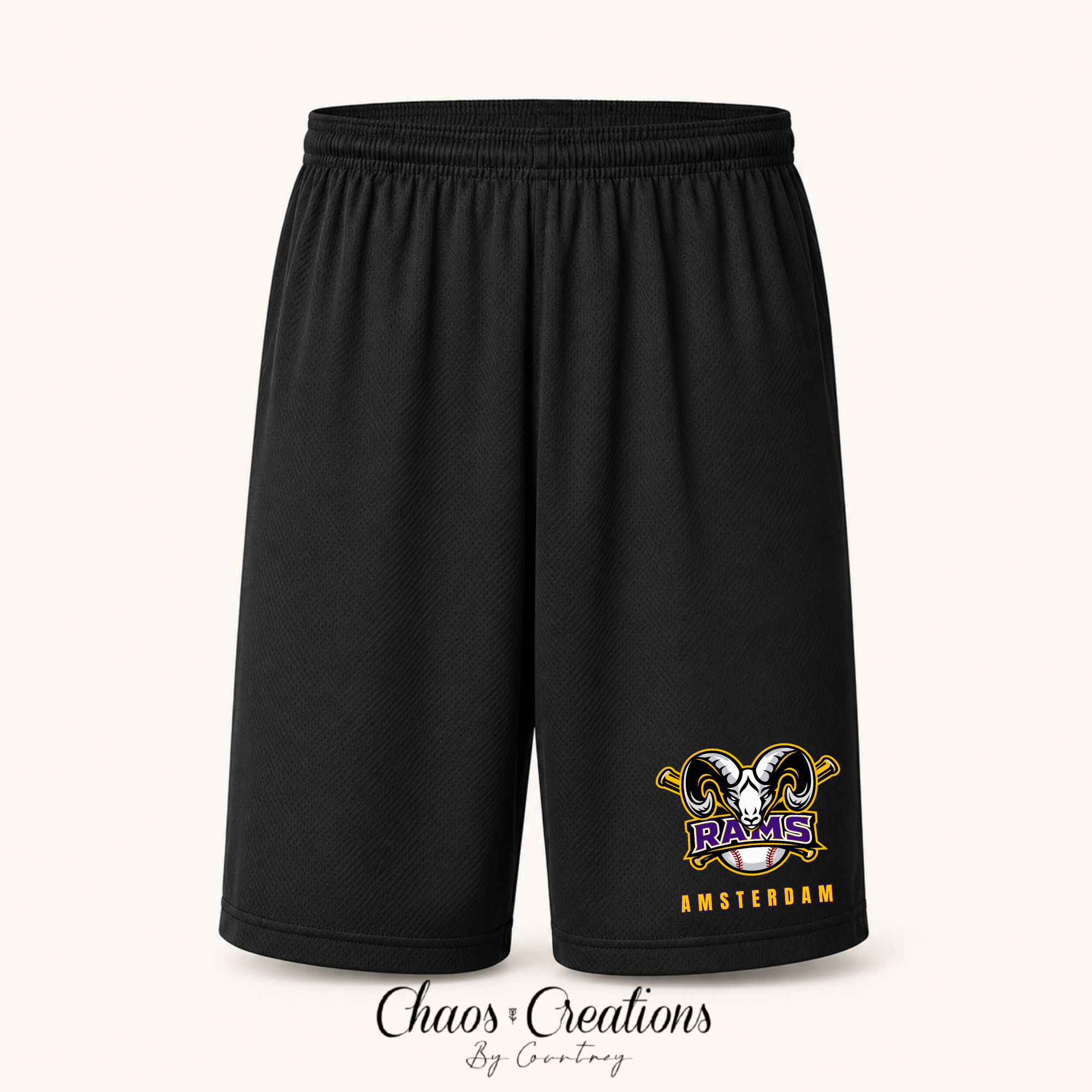 Black Amsterdam Rams Travel Sport-Tek Dri-FIT shorts with official Rams baseball logo