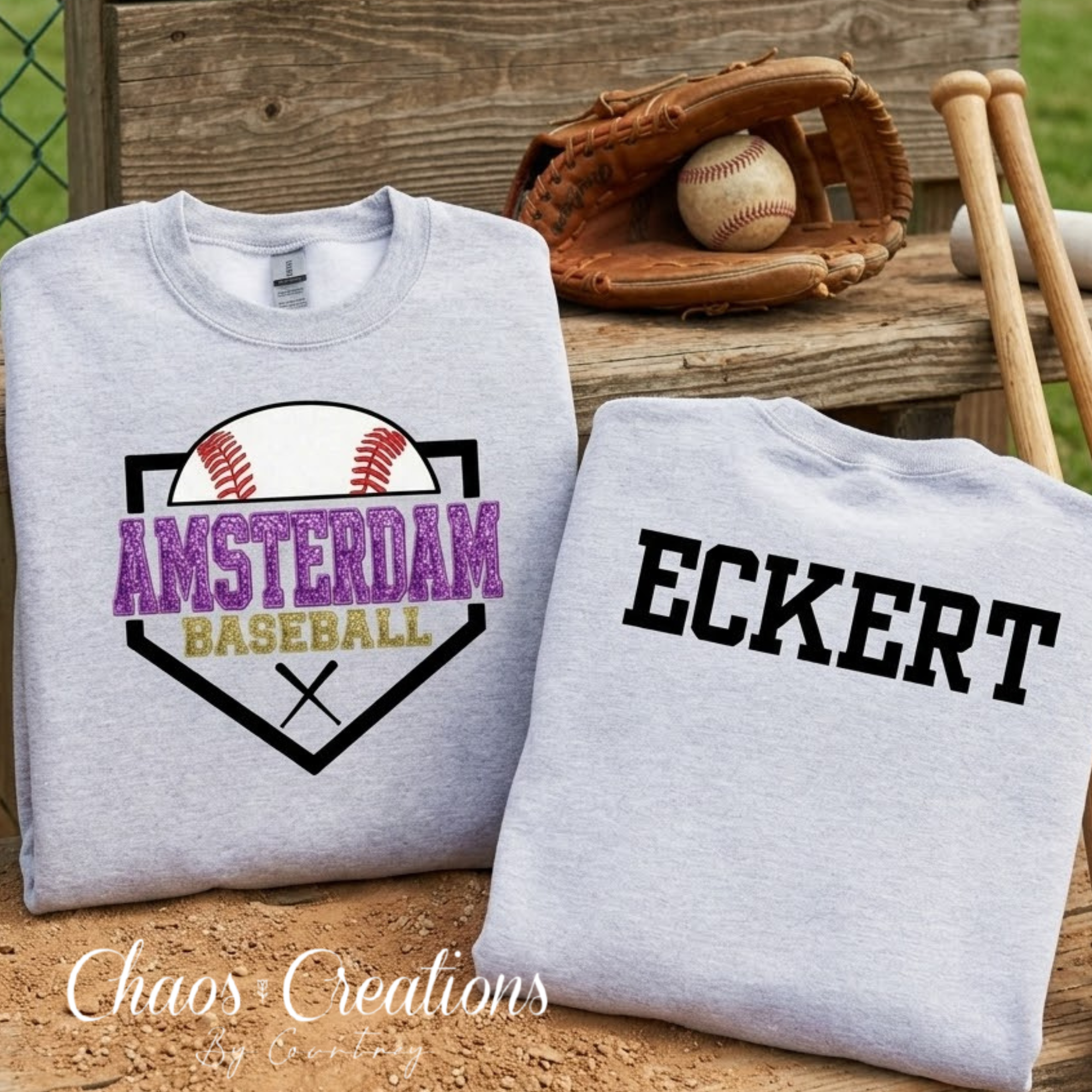 Sport Grey Amsterdam Baseball crewneck with faux glitter and stitched-look front design and customizable back