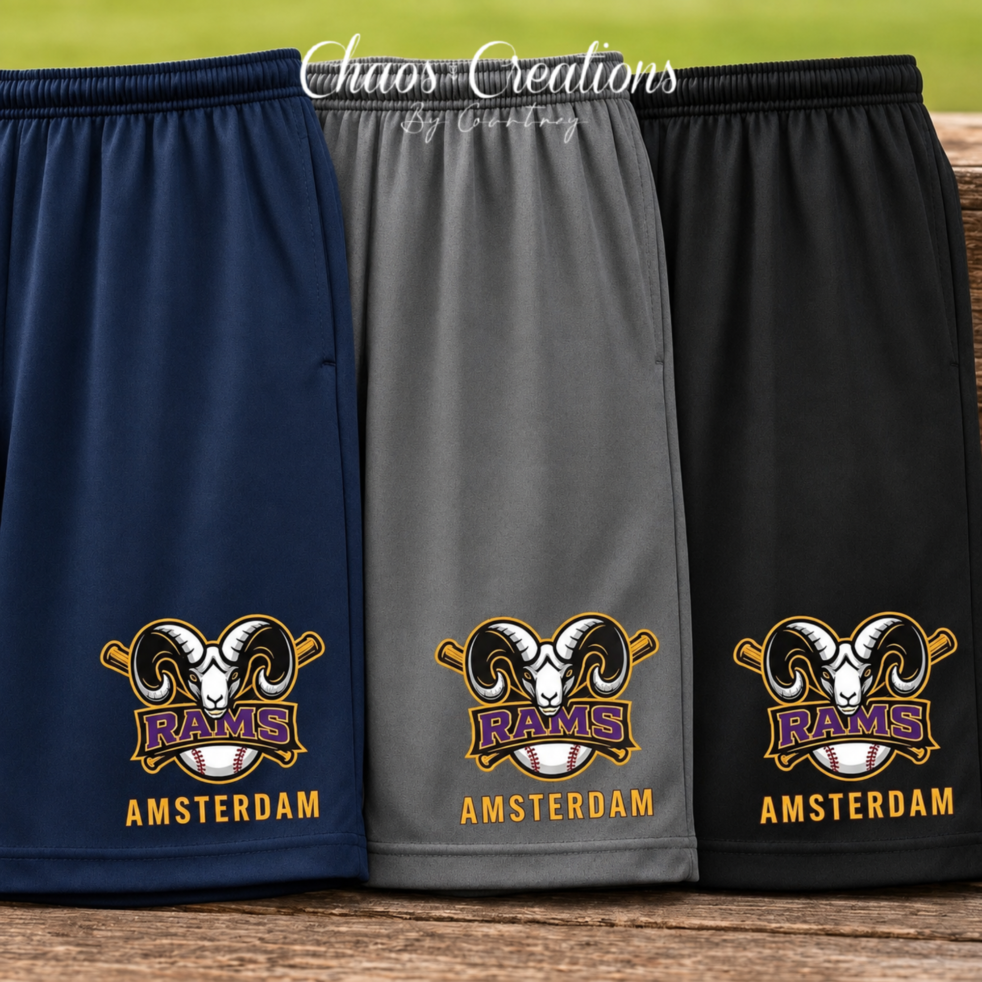 Amsterdam Rams Travel Sport-Tek Dri-FIT shorts in navy, charcoal grey, and black with official Rams baseball logo