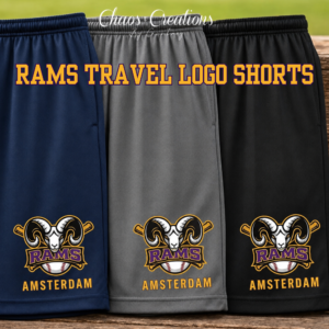Amsterdam Rams Travel Sport-Tek Dri-FIT shorts in navy, charcoal grey, and black with official Rams baseball logo