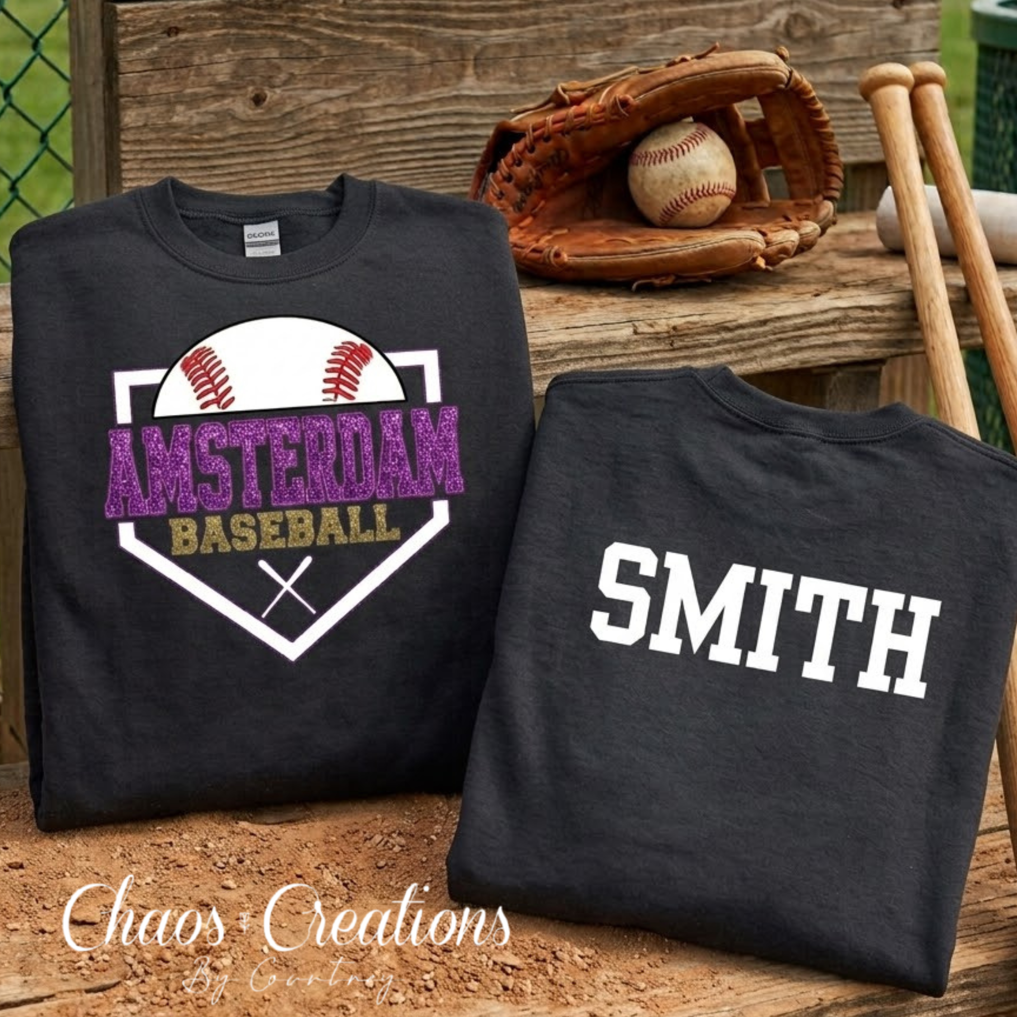 Black Amsterdam Baseball crewneck with faux glitter and stitched-look front design and customizable back