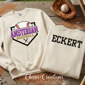 Cream Amsterdam Baseball crewneck with faux glitter and stitched-look front design and customizable back
