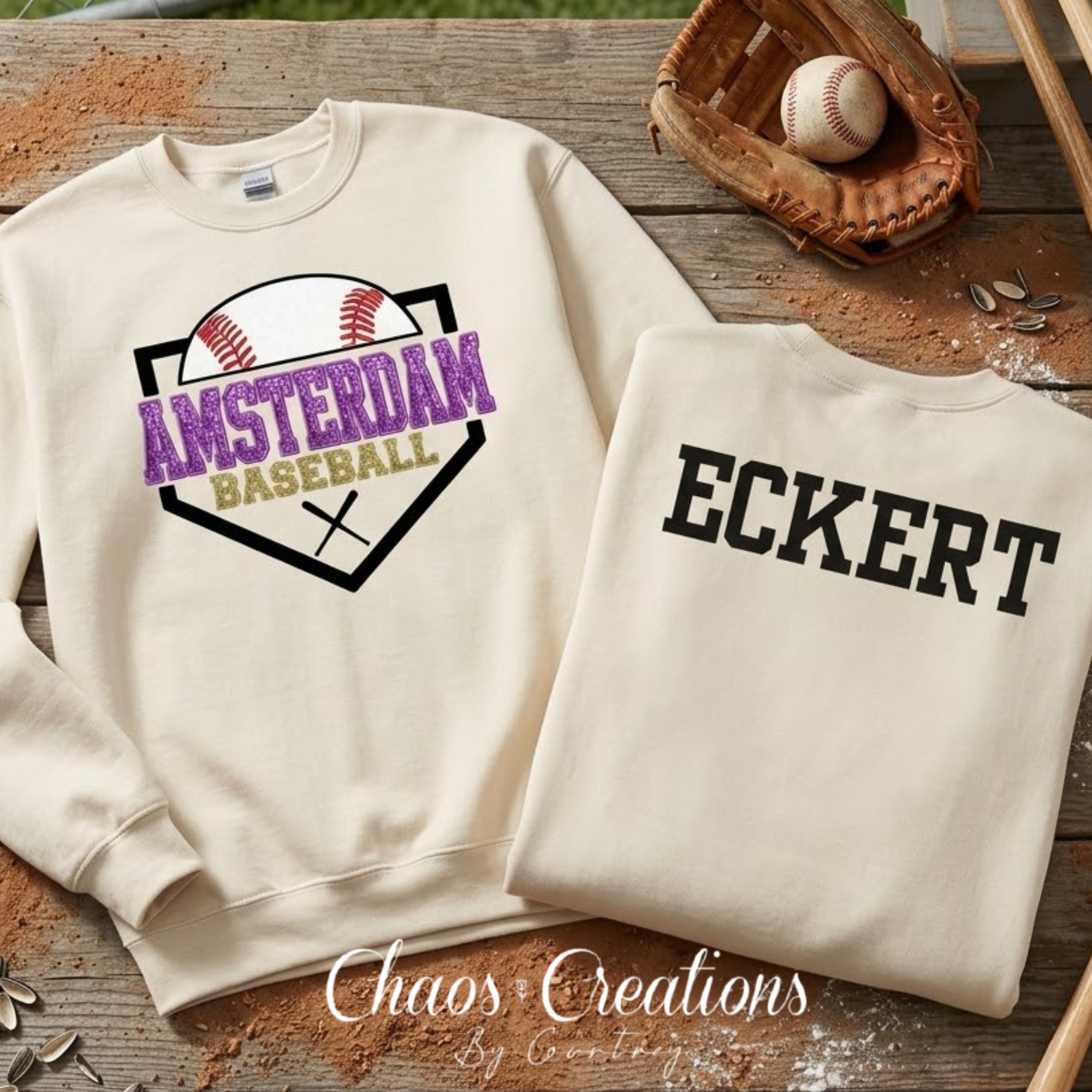 Cream Amsterdam Baseball crewneck with faux glitter and stitched-look front design and customizable back