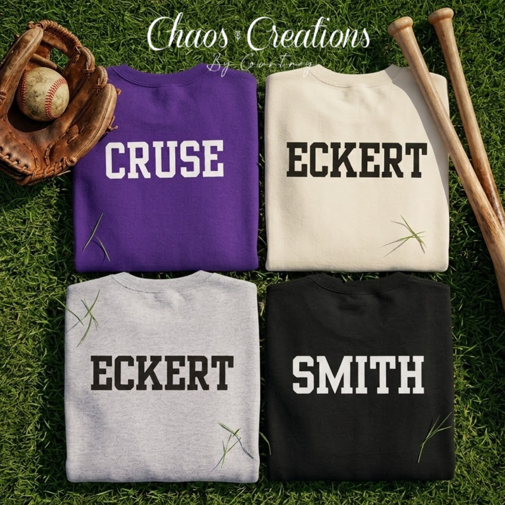 Back view of Amsterdam Baseball crewnecks in Sport Grey, Purple, Black, and Cream with free custom name option
