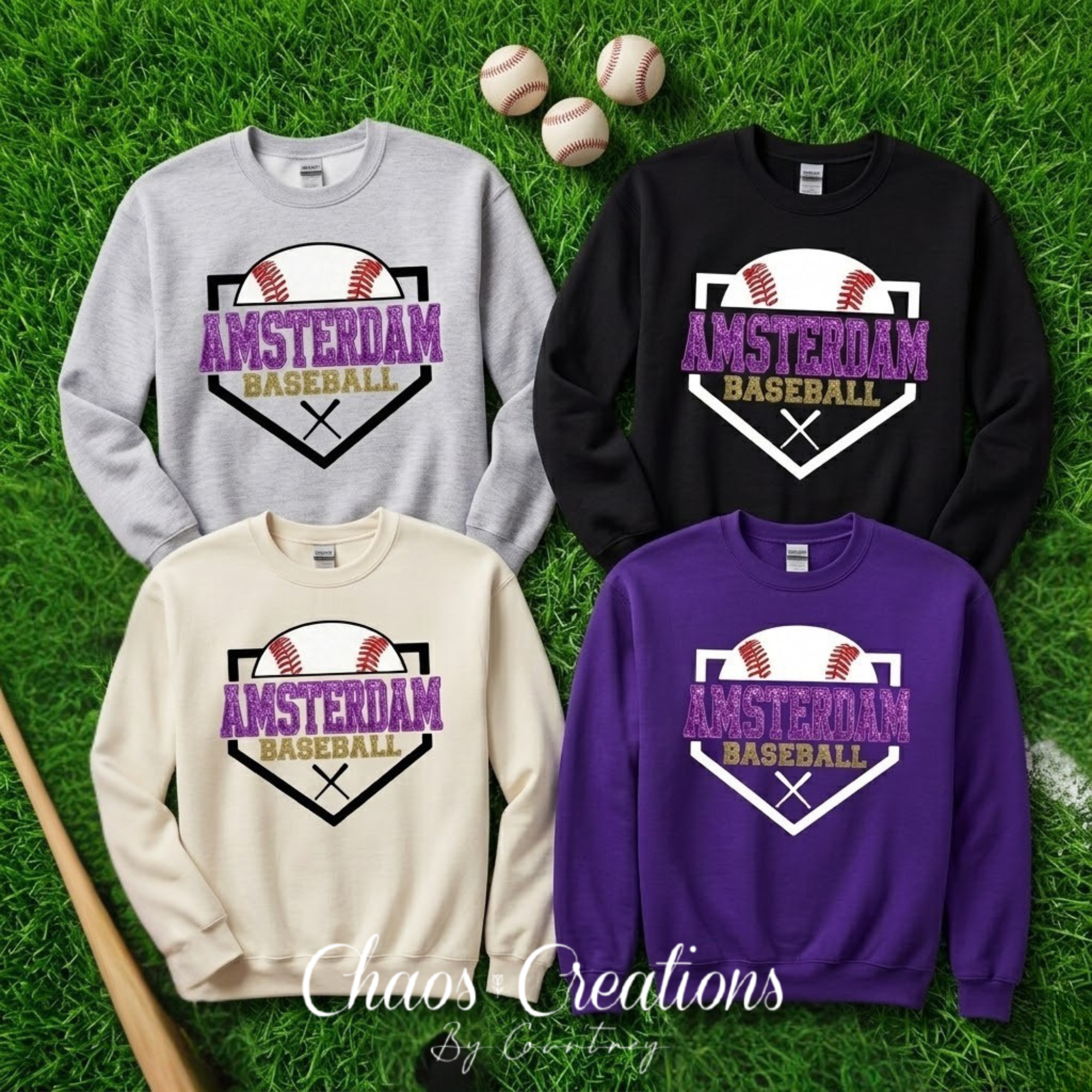 Amsterdam Baseball crewnecks in Sport Grey, Purple, Black, and Cream with faux glitter and stitched-look front design